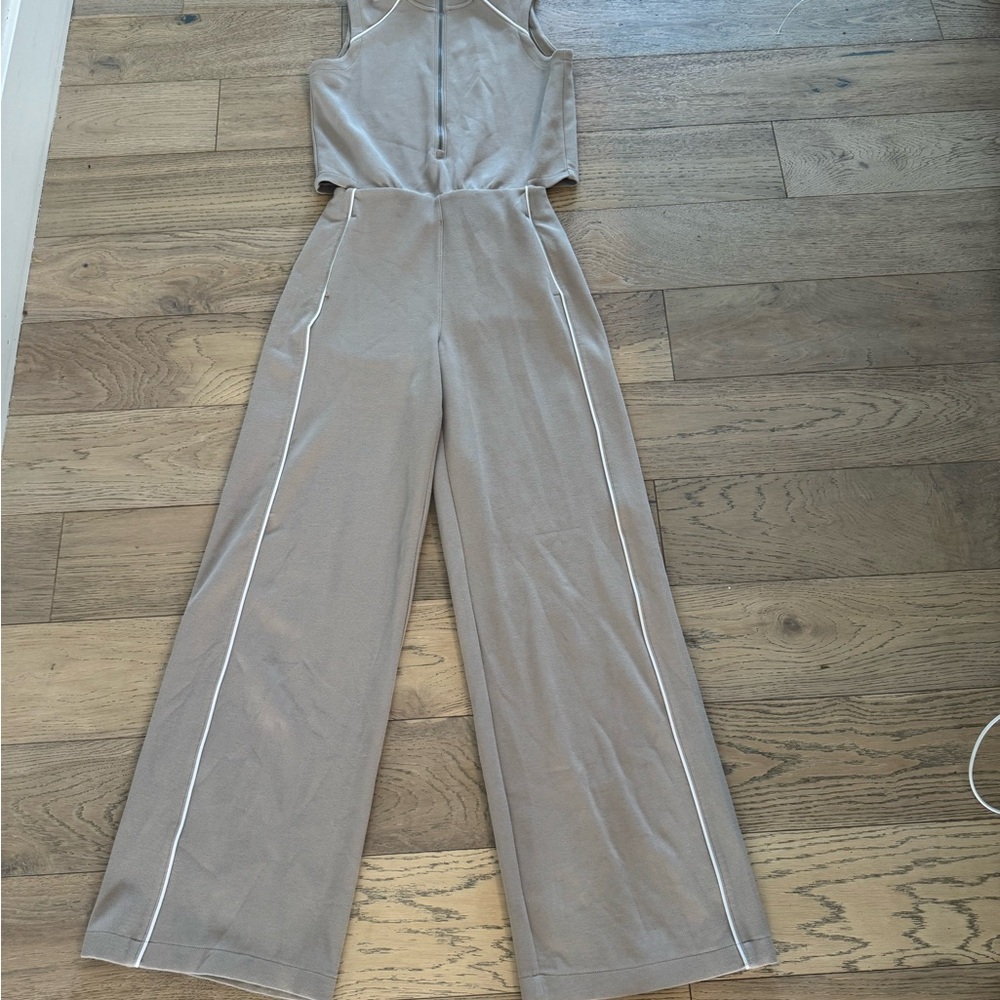 SPANX Taupe Wide-Leg Jumpsuit with White Piping